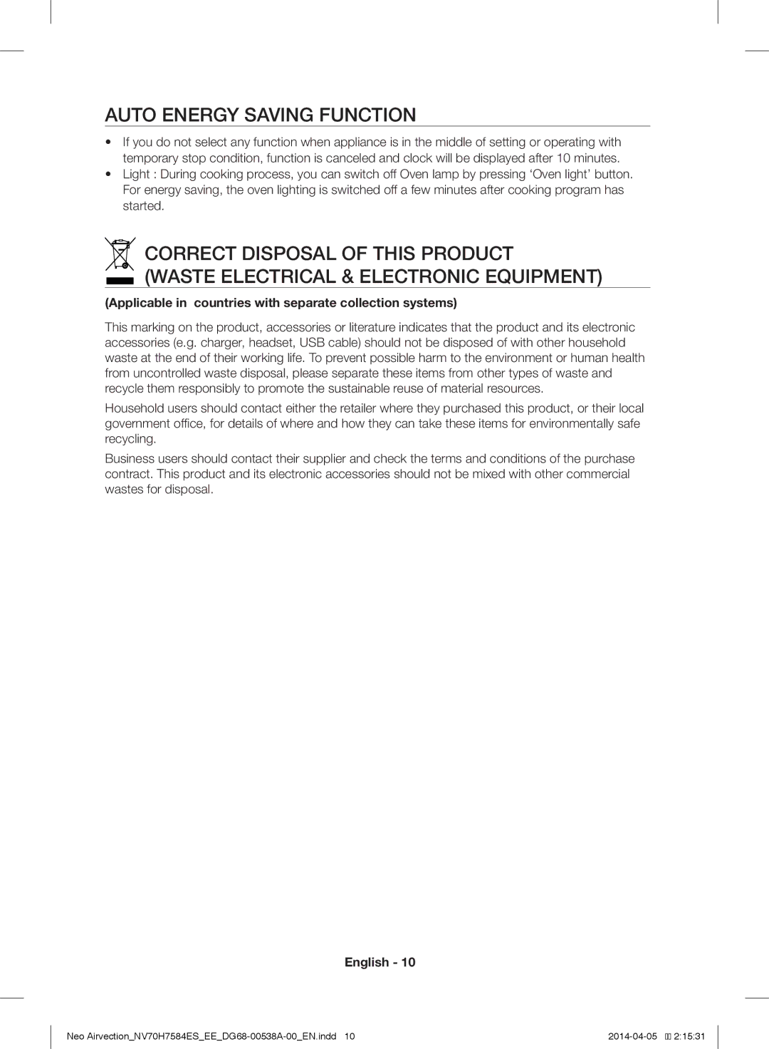 Samsung NV70H7584ES/EE manual Auto Energy Saving Function, Light During cooking process, you can switch off, Started 