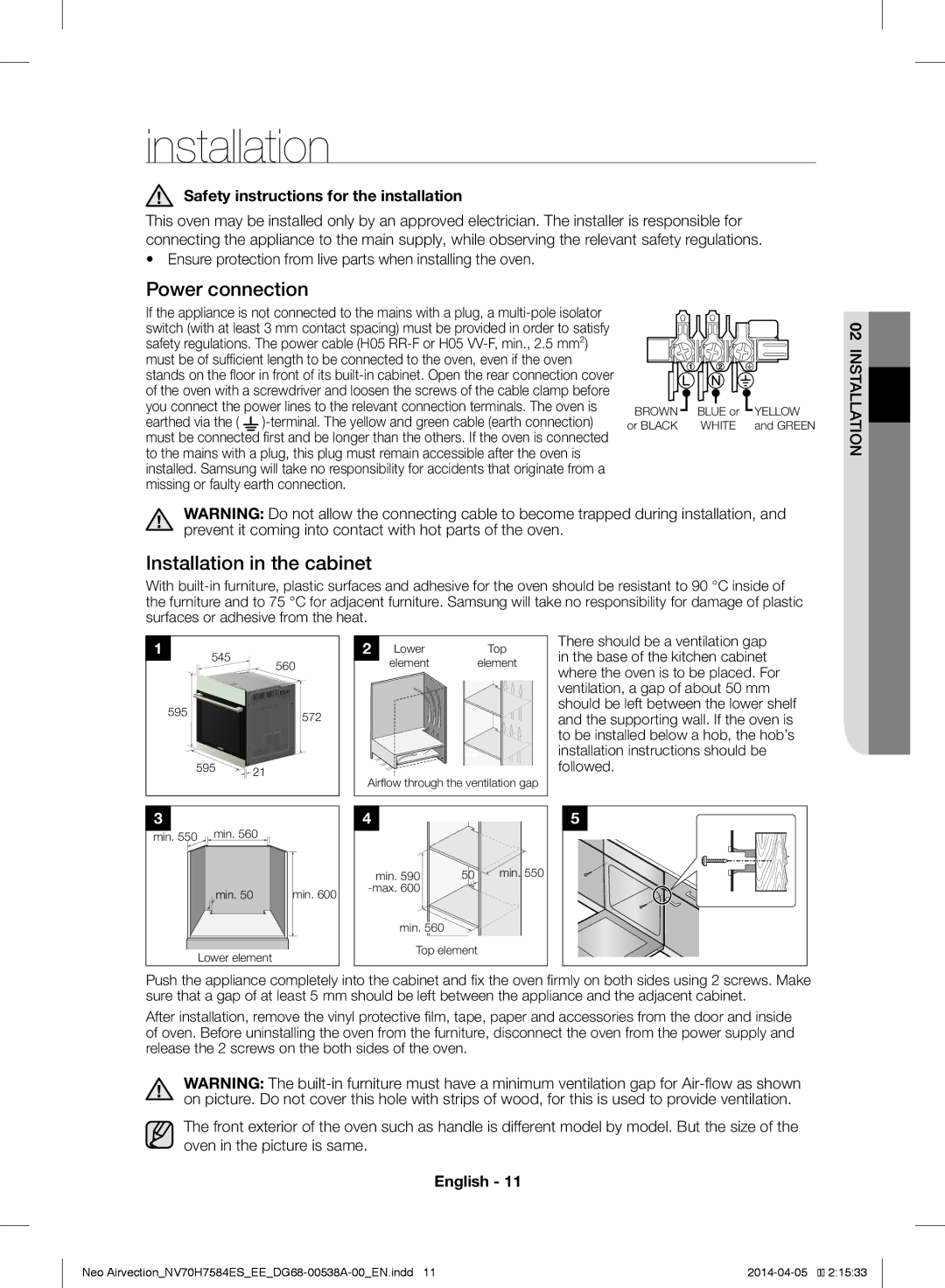 Samsung NV70H7584ES/EE manual Safety instructions for the installation 