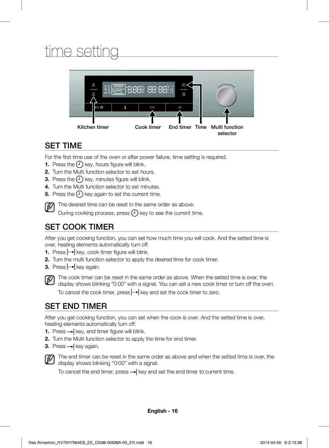 Samsung NV70H7584ES/EE manual Time setting, SET Time, SET Cook Timer, SET END Timer 