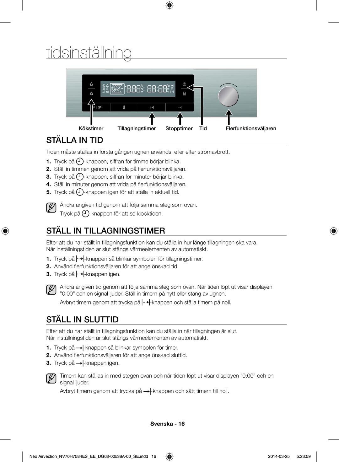 Samsung NV70H7584ES/EE manual Tidsinställning, Ställa in tid, Ställ in tillagningstimer, Ställ in sluttid 