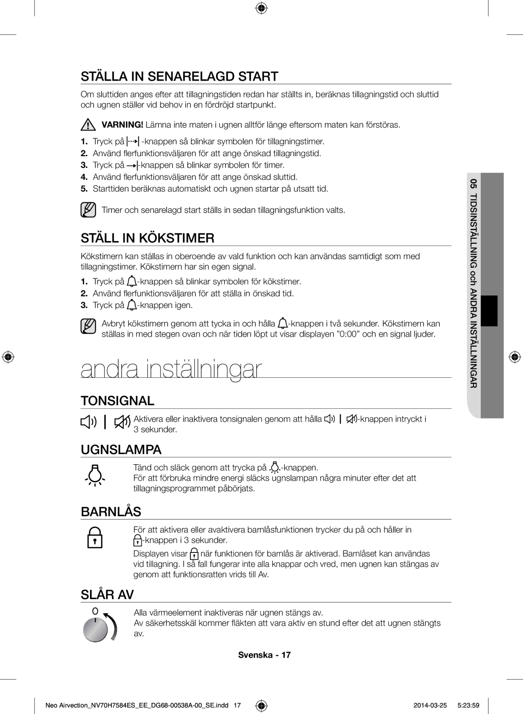 Samsung NV70H7584ES/EE manual Andra inställningar 