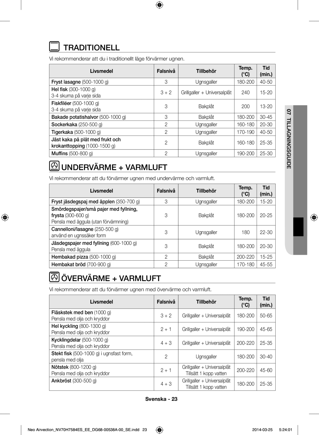 Samsung NV70H7584ES/EE manual Traditionell, Undervärme + Varmluft, Övervärme + Varmluft, Tillbehör Temp Tid 