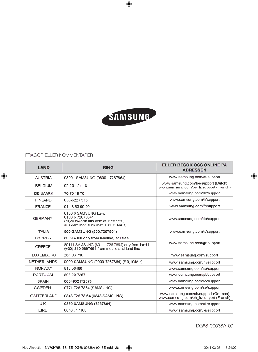 Samsung NV70H7584ES/EE manual DG68-00538A-00 