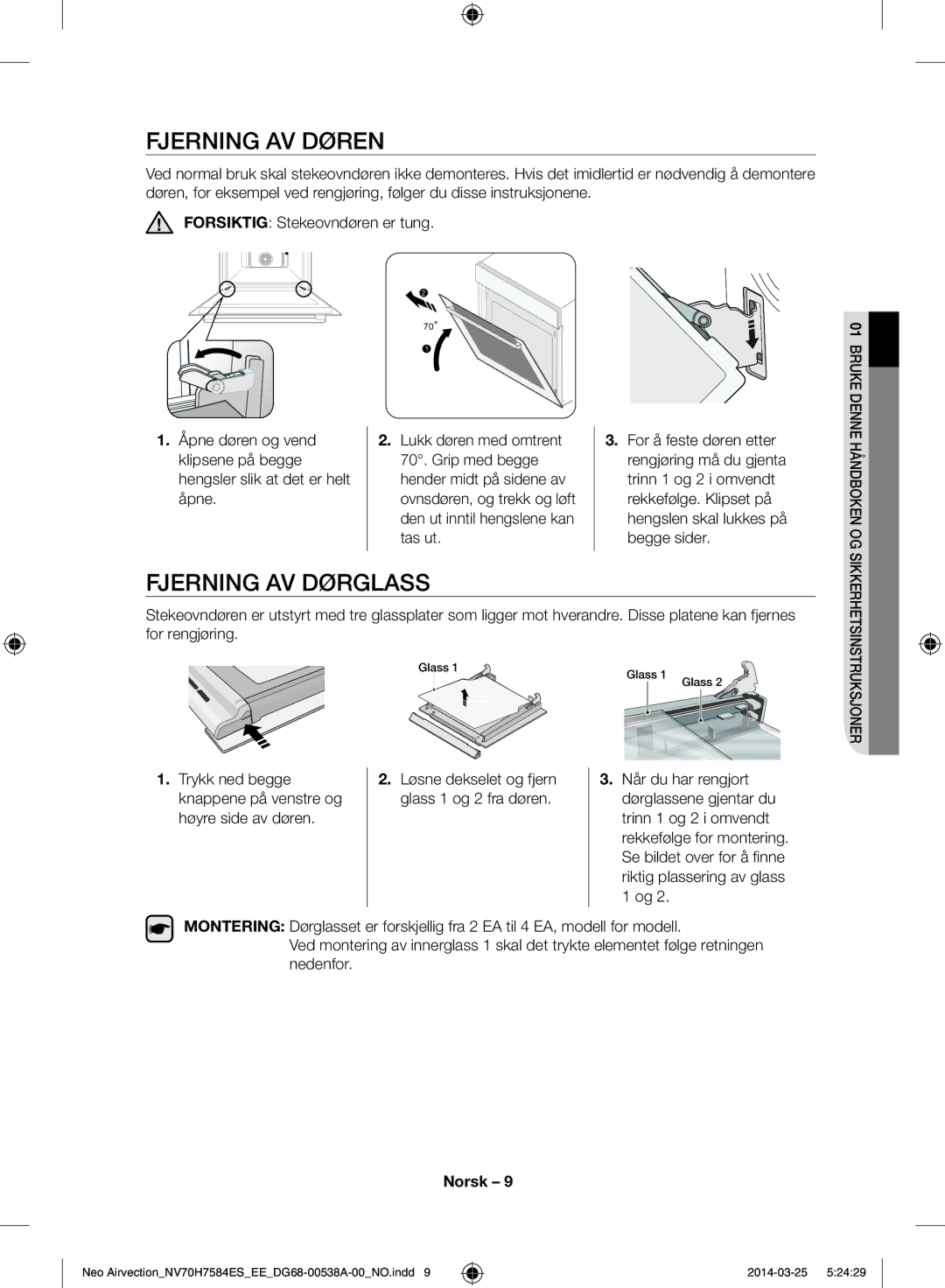 Samsung NV70H7584ES/EE manual Fjerning av døren, Fjerning av dørglass, Tas ut Begge sider 