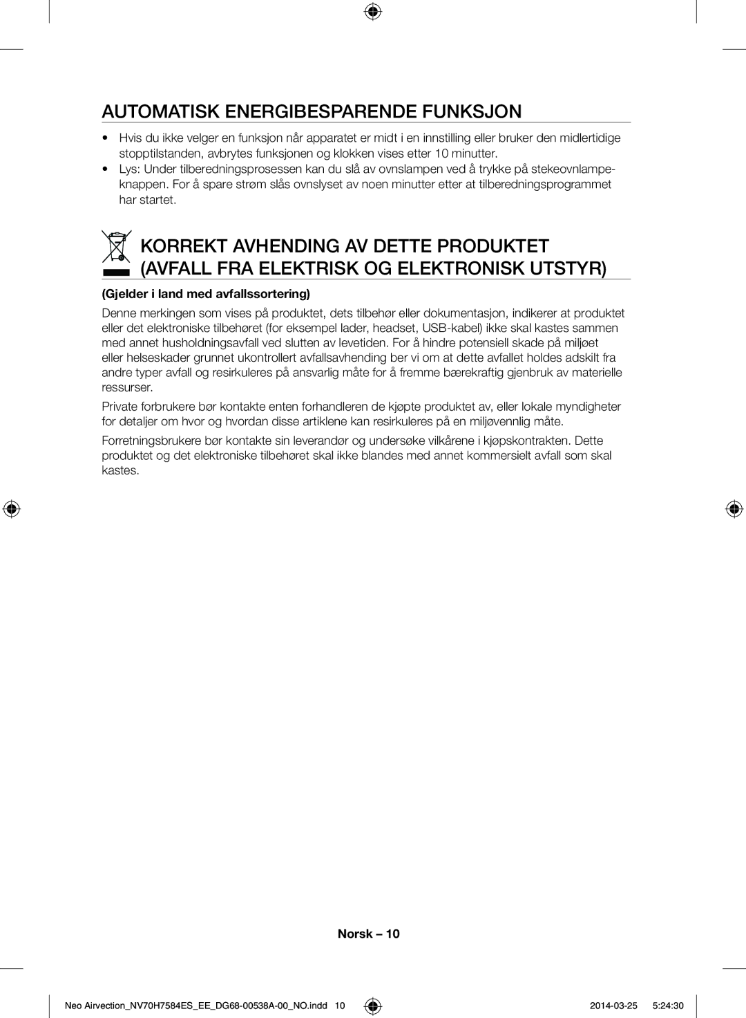 Samsung NV70H7584ES/EE manual Automatisk energibesparende funksjon, Gjelder i land med avfallssortering 