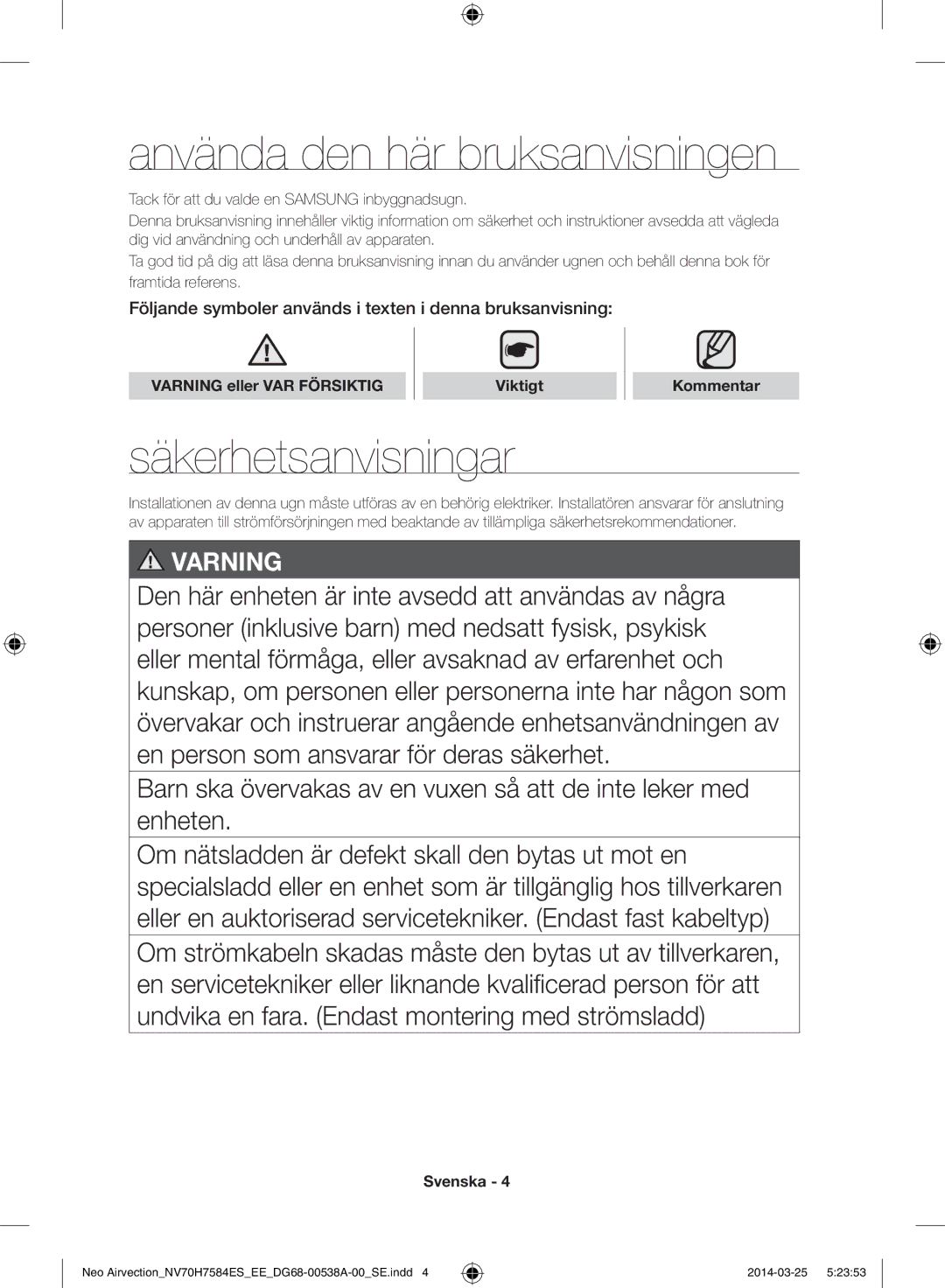 Samsung NV70H7584ES/EE manual Använda den här bruksanvisningen, Säkerhetsanvisningar 