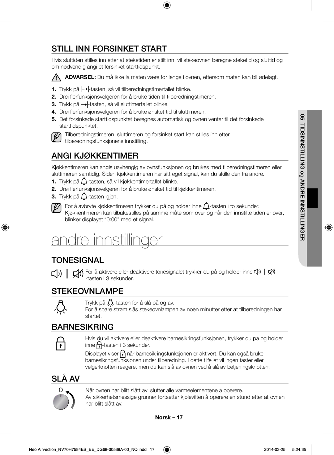 Samsung NV70H7584ES/EE manual Andre innstillinger 