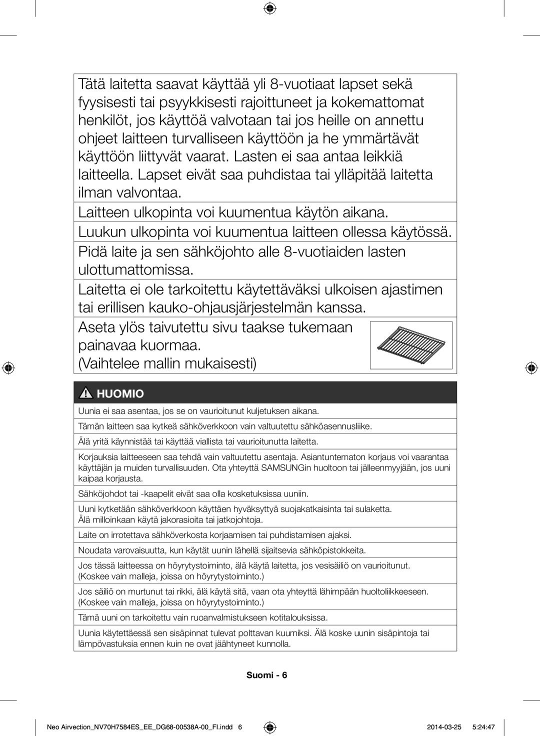 Samsung NV70H7584ES/EE manual Huomio 