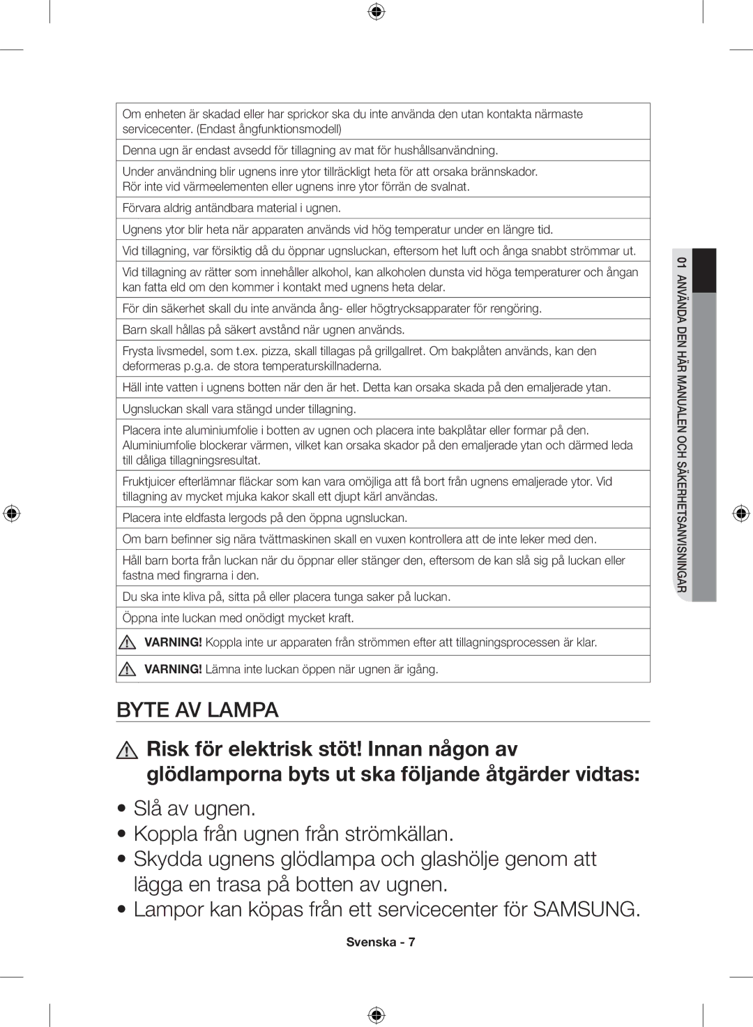 Samsung NV70H7584ES/EE manual Byte av lampa 