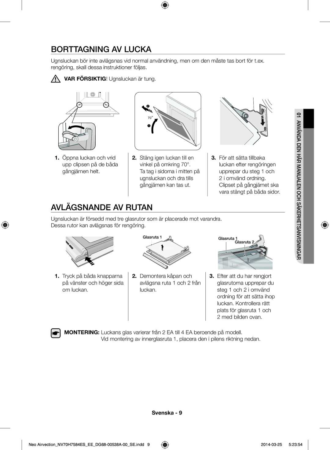 Samsung NV70H7584ES/EE manual Borttagning av lucka, Avlägsnande av rutan 