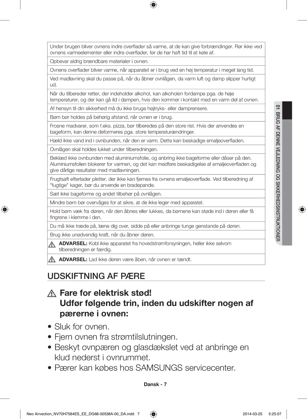 Samsung NV70H7584ES/EE manual Udskiftning af pære 