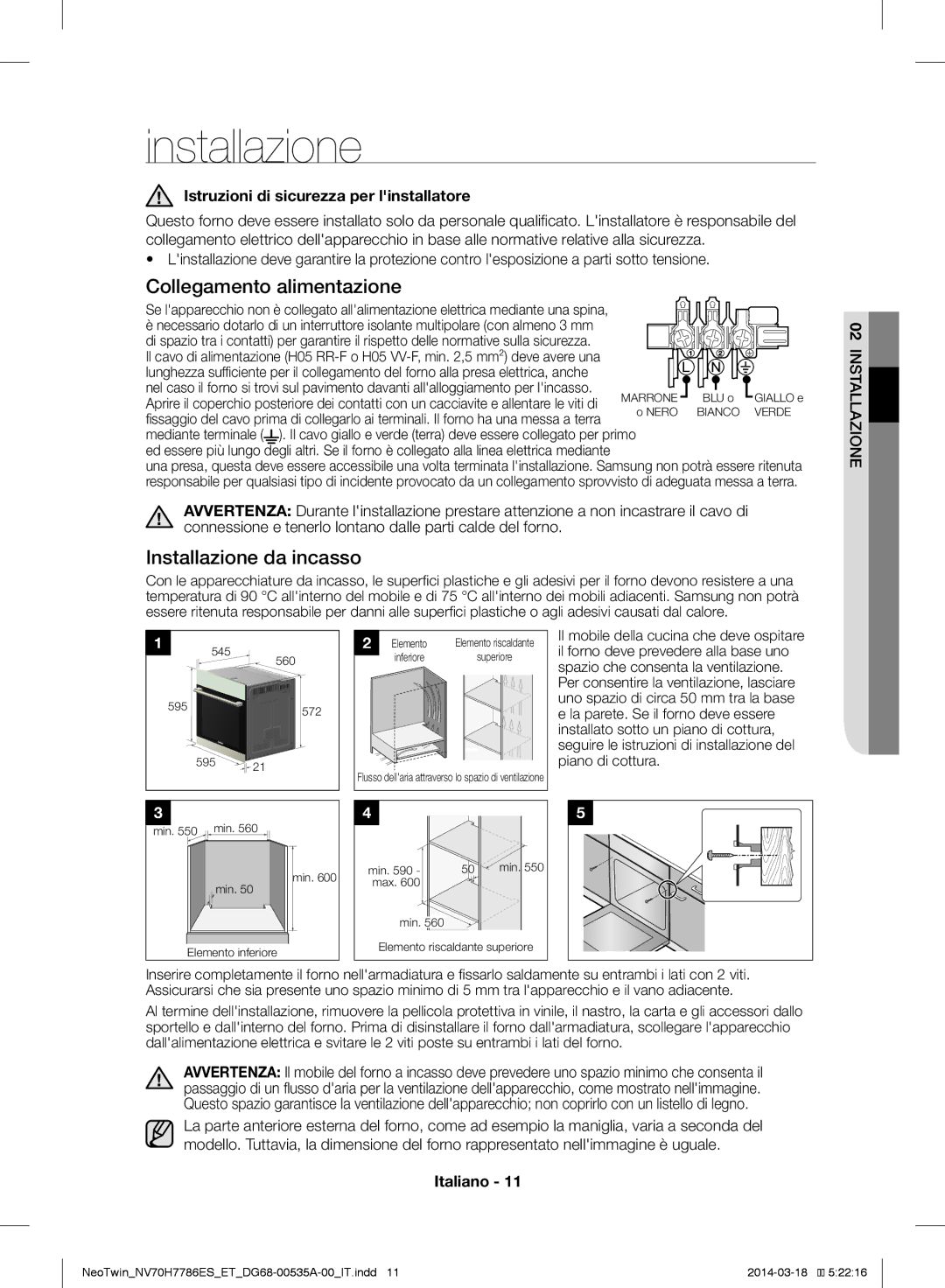 Samsung NV70H7786ES/ET, NV70H7786BS/ET manual Installazione, Istruzioni di sicurezza per linstallatore 