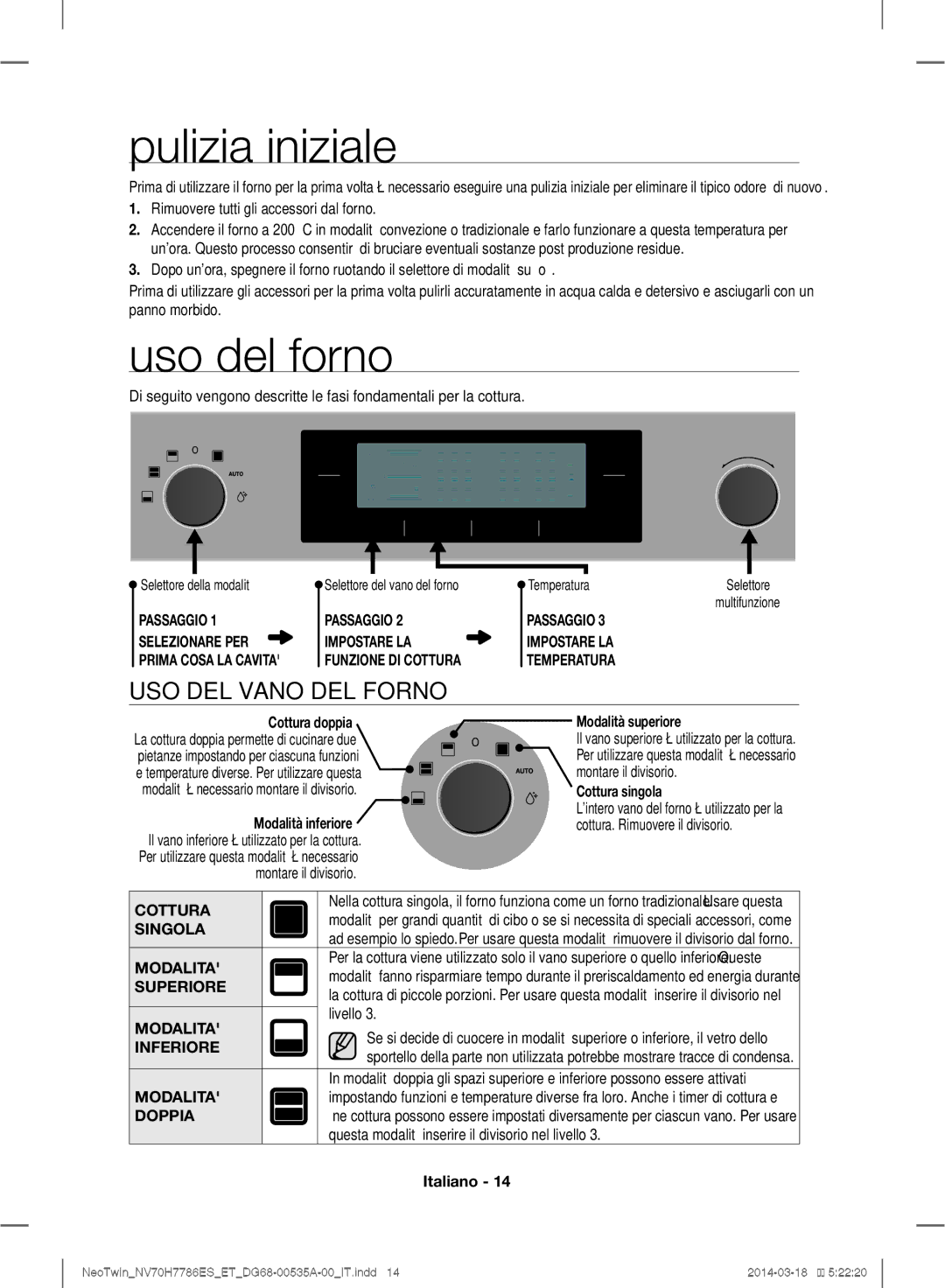 Samsung NV70H7786BS/ET, NV70H7786ES/ET manual Pulizia iniziale, Uso del forno, USO DEL Vano DEL Forno 