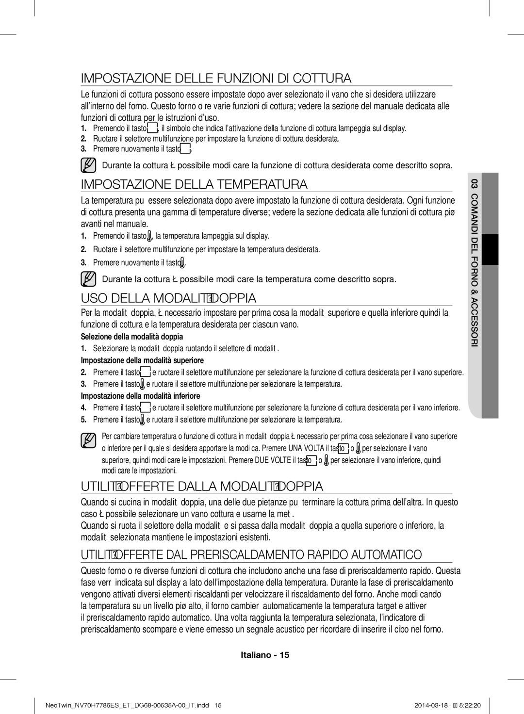 Samsung NV70H7786ES/ET Impostazione Delle Funzioni DI Cottura, Impostazione Della Temperatura, USO Della Modalità Doppia 