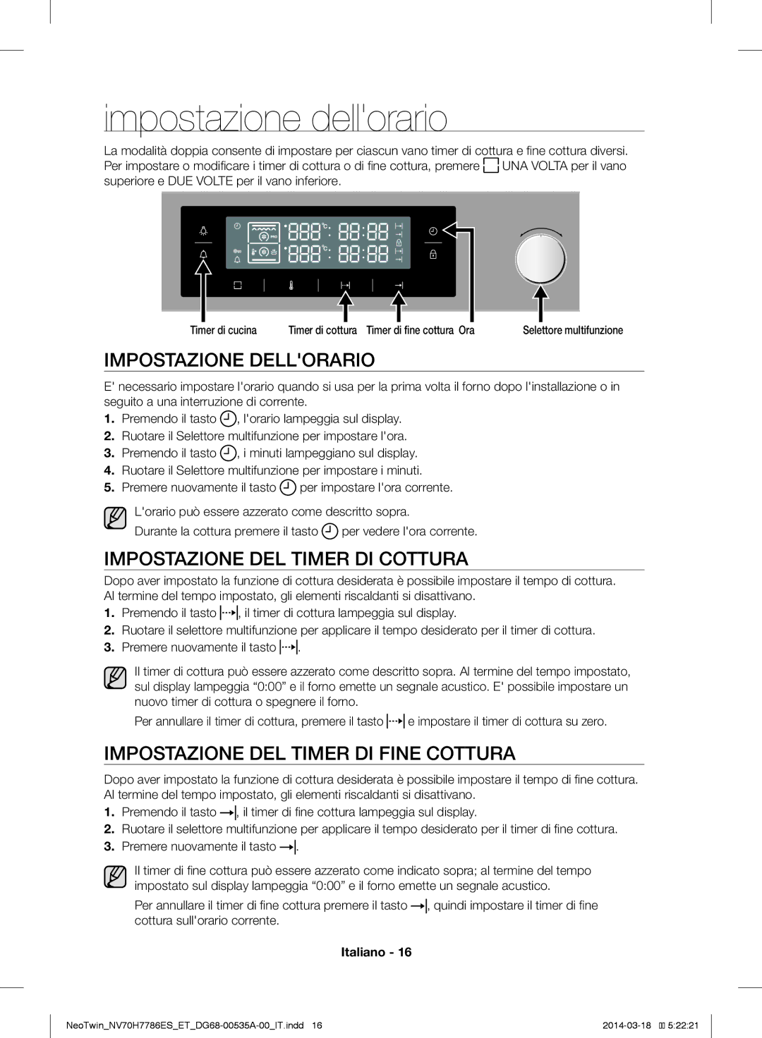 Samsung NV70H7786BS/ET, NV70H7786ES/ET Impostazione dellorario, Impostazione Dellorario, Impostazione DEL Timer DI Cottura 