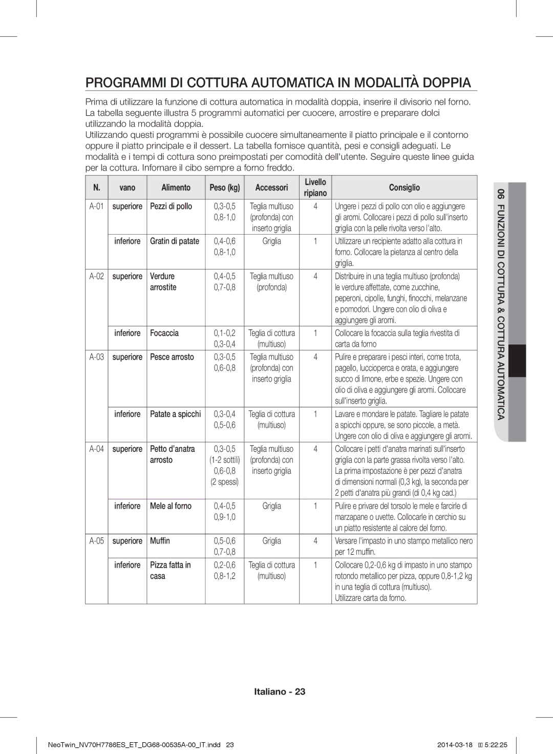 Samsung NV70H7786ES/ET, NV70H7786BS/ET manual Programmi DI Cottura Automatica in Modalità Doppia, Vano Alimento 