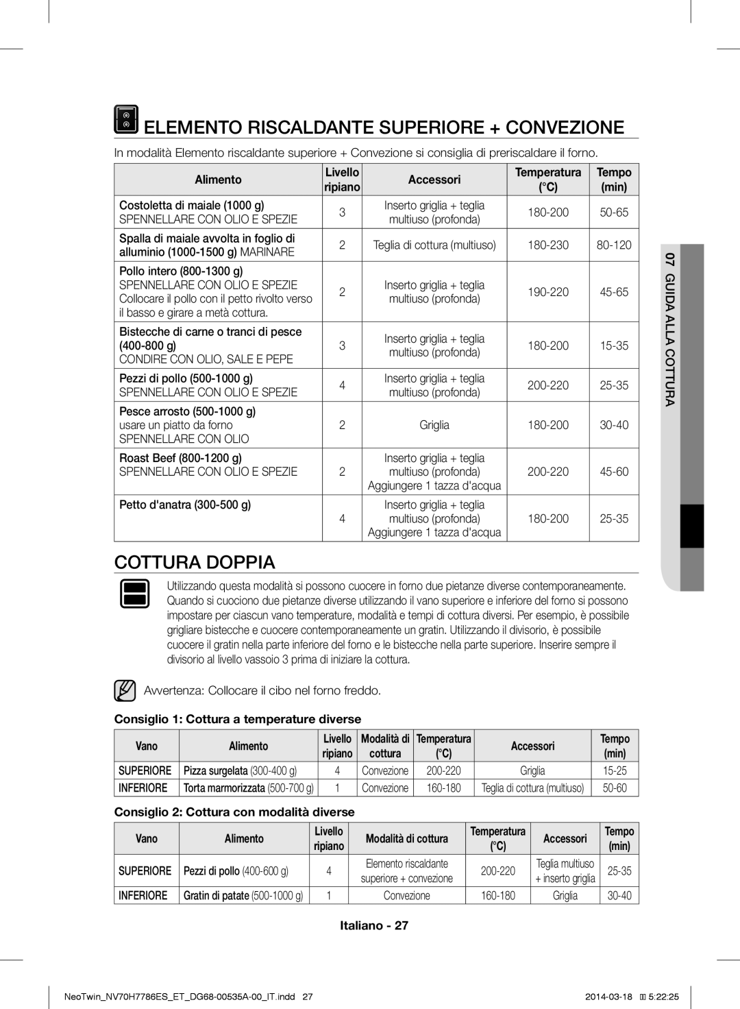 Samsung NV70H7786ES/ET, NV70H7786BS/ET manual Elemento Riscaldante Superiore + Convezione, Cottura Doppia, Min 