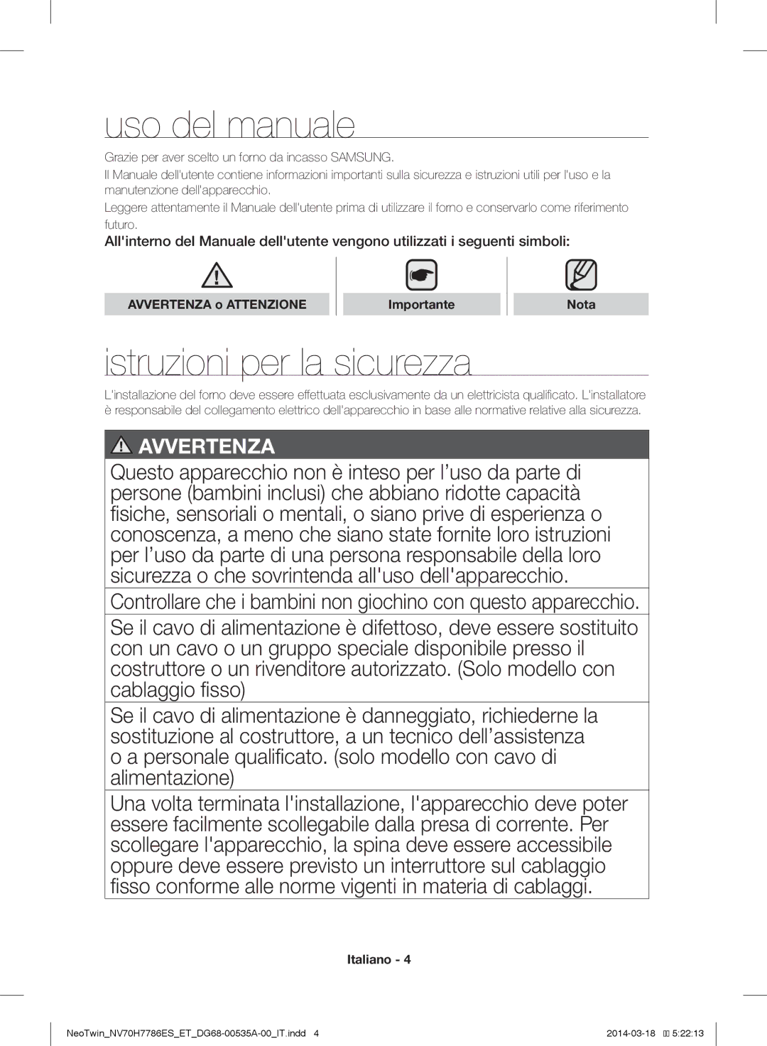 Samsung NV70H7786BS/ET Uso del manuale, Istruzioni per la sicurezza, Avvertenza o Attenzione Importante Nota 