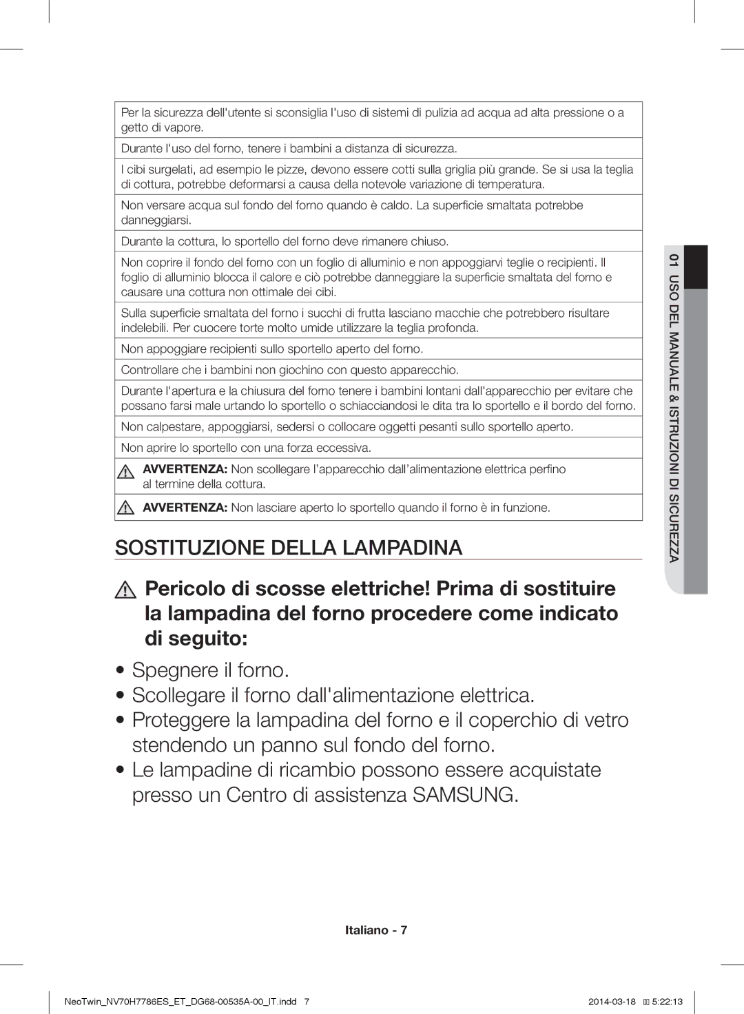 Samsung NV70H7786ES/ET, NV70H7786BS/ET manual Sostituzione Della Lampadina 