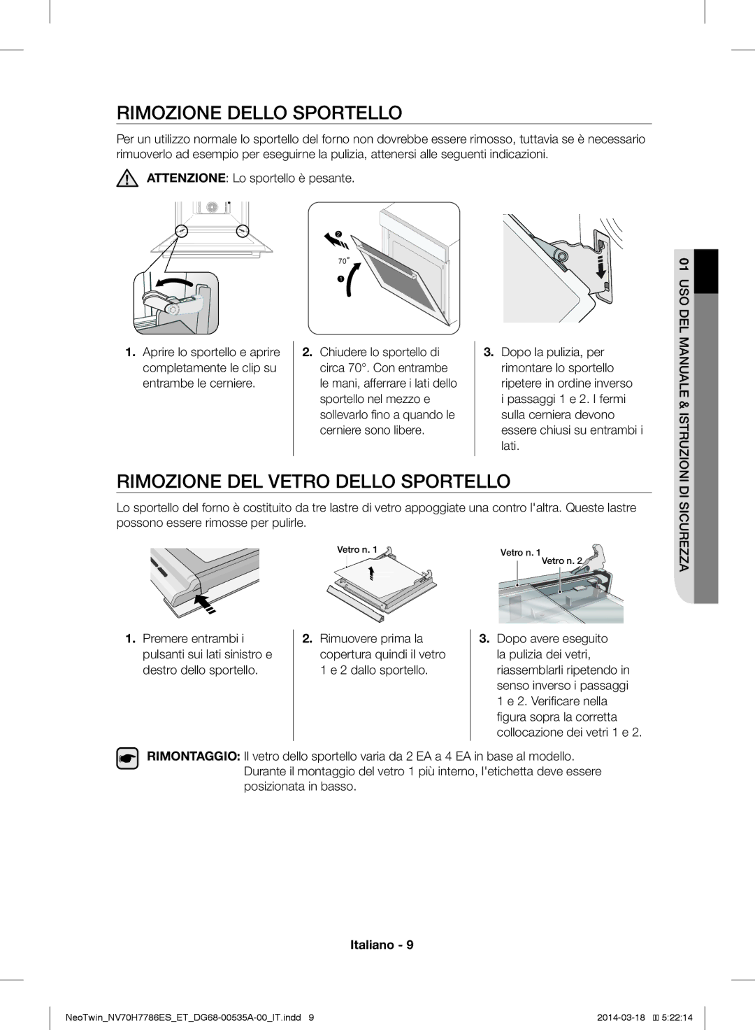 Samsung NV70H7786ES/ET manual Rimozione Dello Sportello, Rimozione DEL Vetro Dello Sportello, Uso Del, DI Sicurezza 