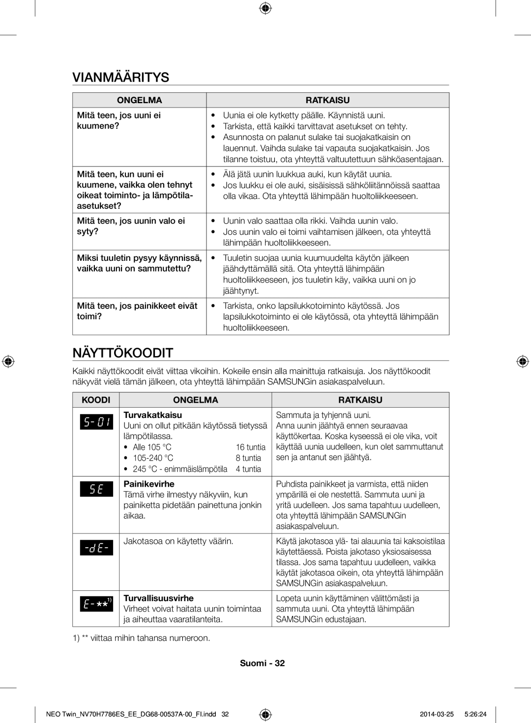 Samsung NV70H7786ES/EE manual Vianmääritys, Näyttökoodit, Turvakatkaisu, Painikevirhe, Turvallisuusvirhe 