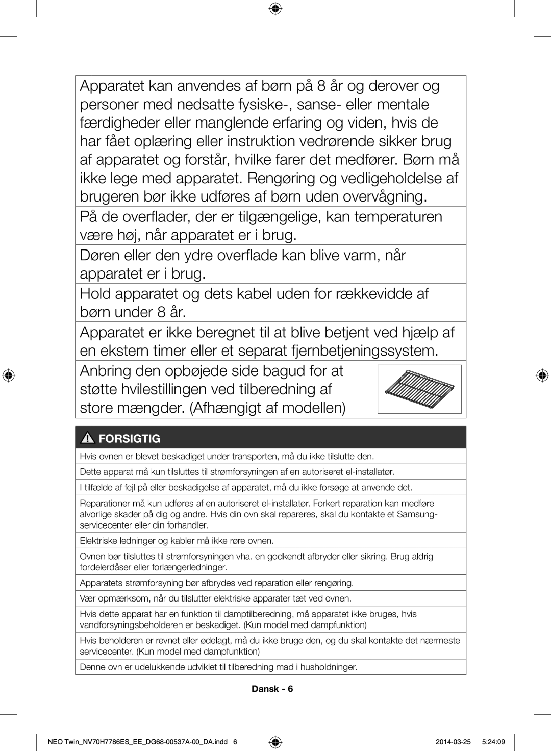 Samsung NV70H7786ES/EE manual Forsigtig 