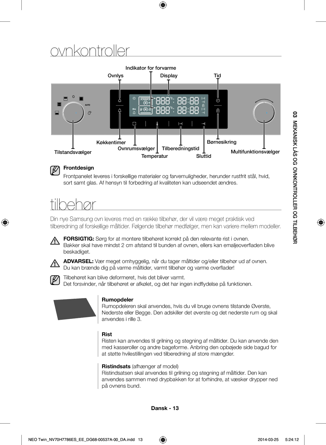 Samsung NV70H7786ES/EE manual Ovnkontroller, Rumopdeler 