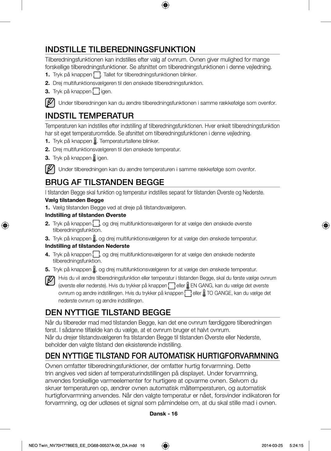 Samsung NV70H7786ES/EE manual Indstille tilberedningsfunktion, Indstil temperatur, Brug af tilstanden Begge 