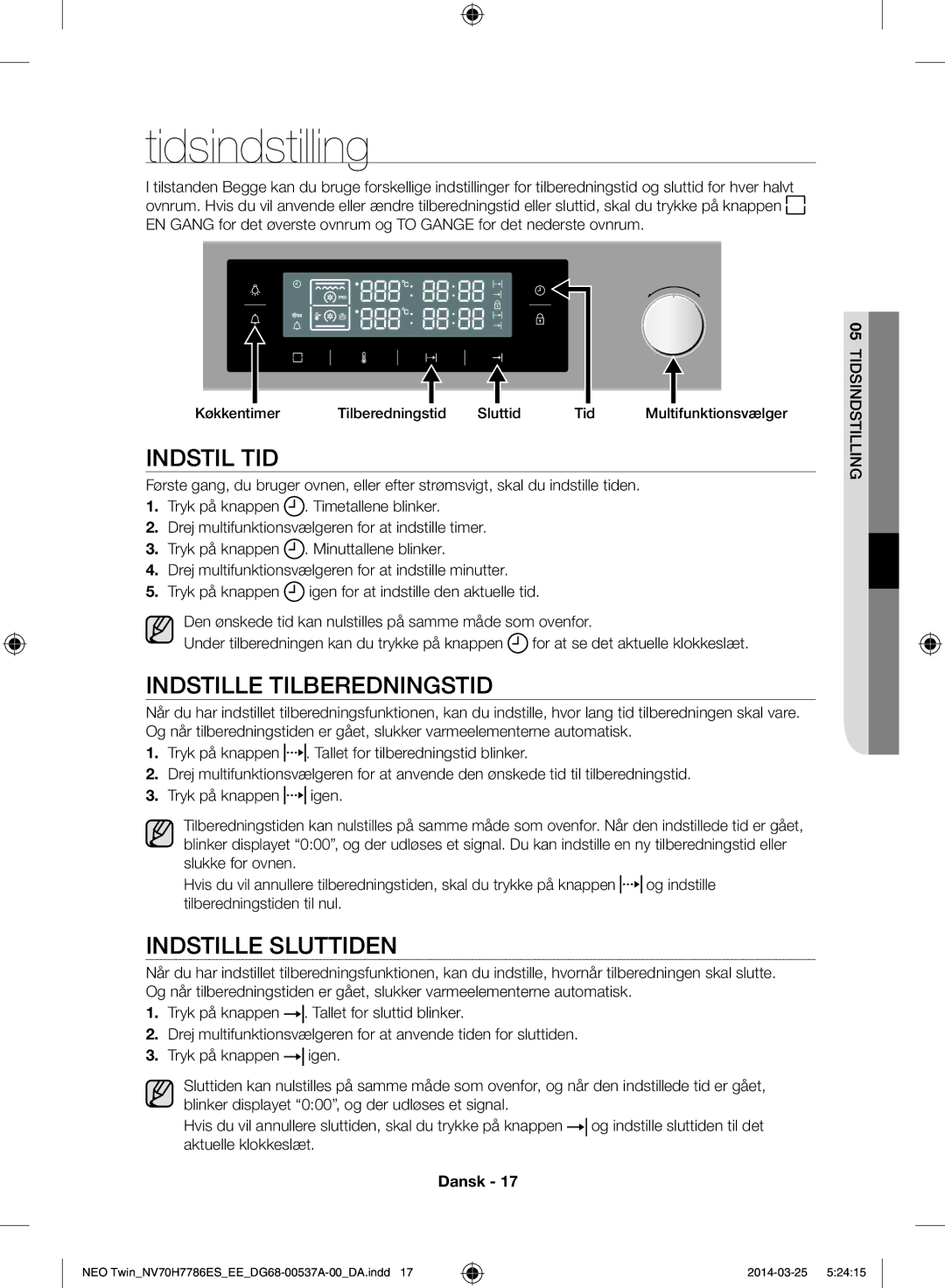 Samsung NV70H7786ES/EE Tidsindstilling, Indstil tid, Indstille tilberedningstid, Indstille sluttiden, Gn ndstillitidsi05 