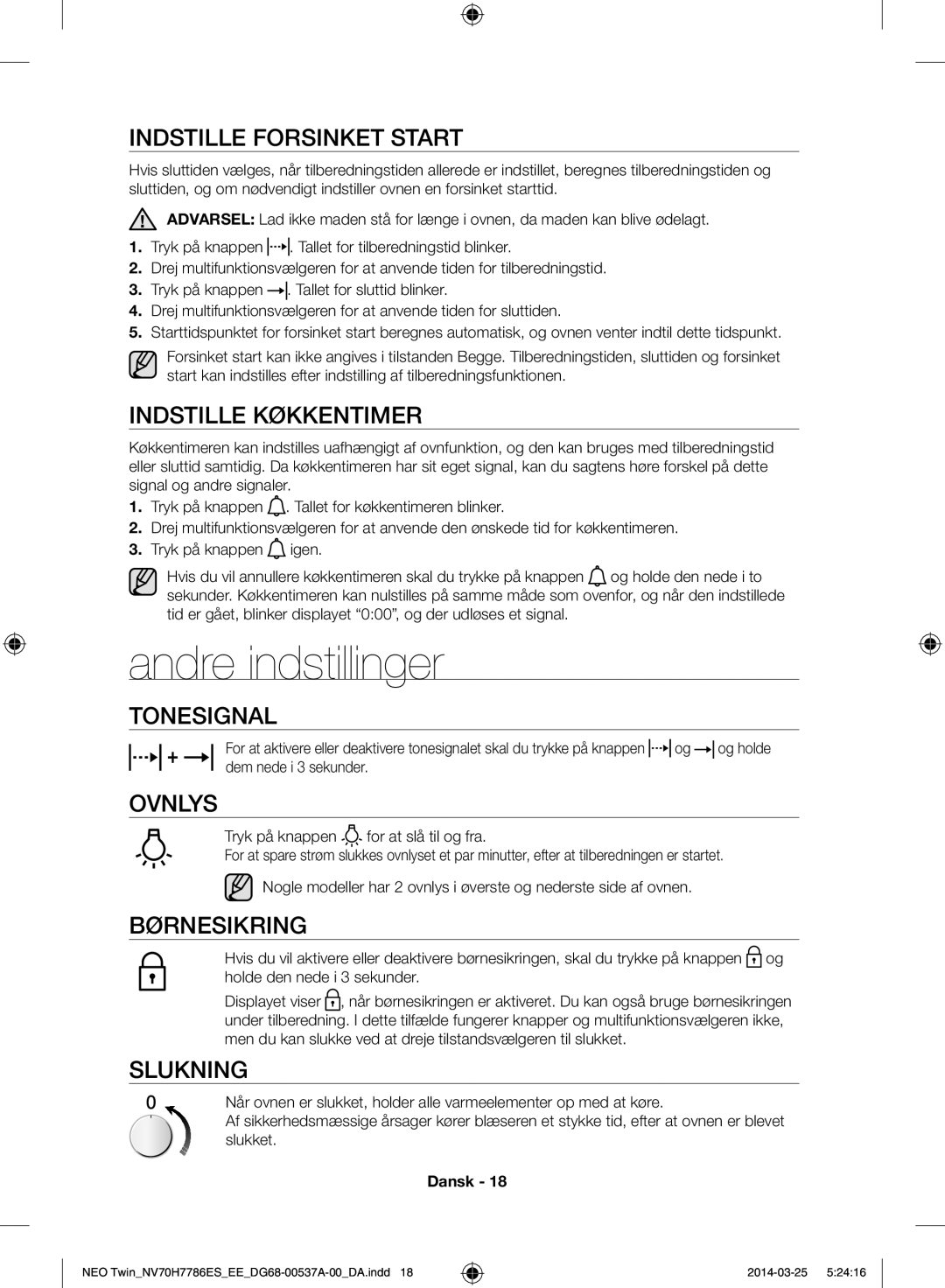 Samsung NV70H7786ES/EE manual Andre indstillinger 