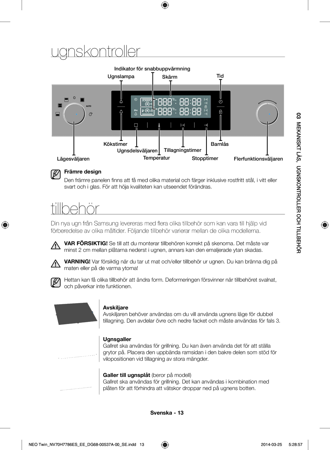 Samsung NV70H7786ES/EE manual Ugnskontroller, Tillbehör 