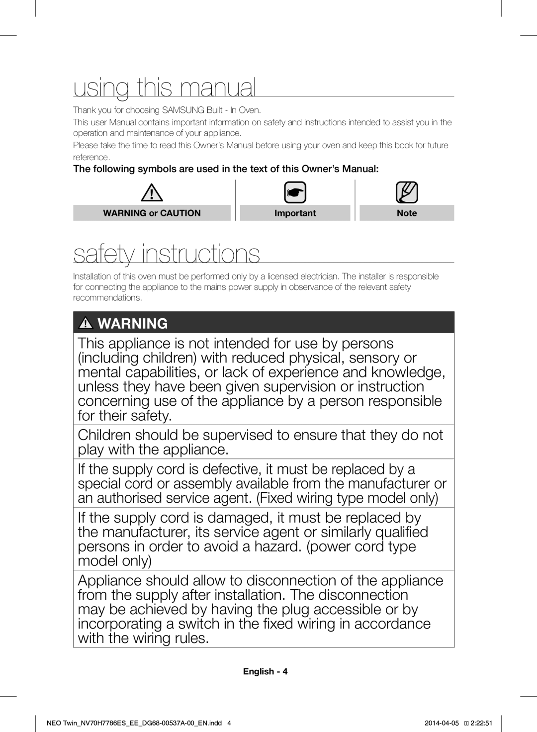 Samsung NV70H7786ES/EE Using this manual, Safety instructions, Thank you for choosing Samsung Built In Oven 