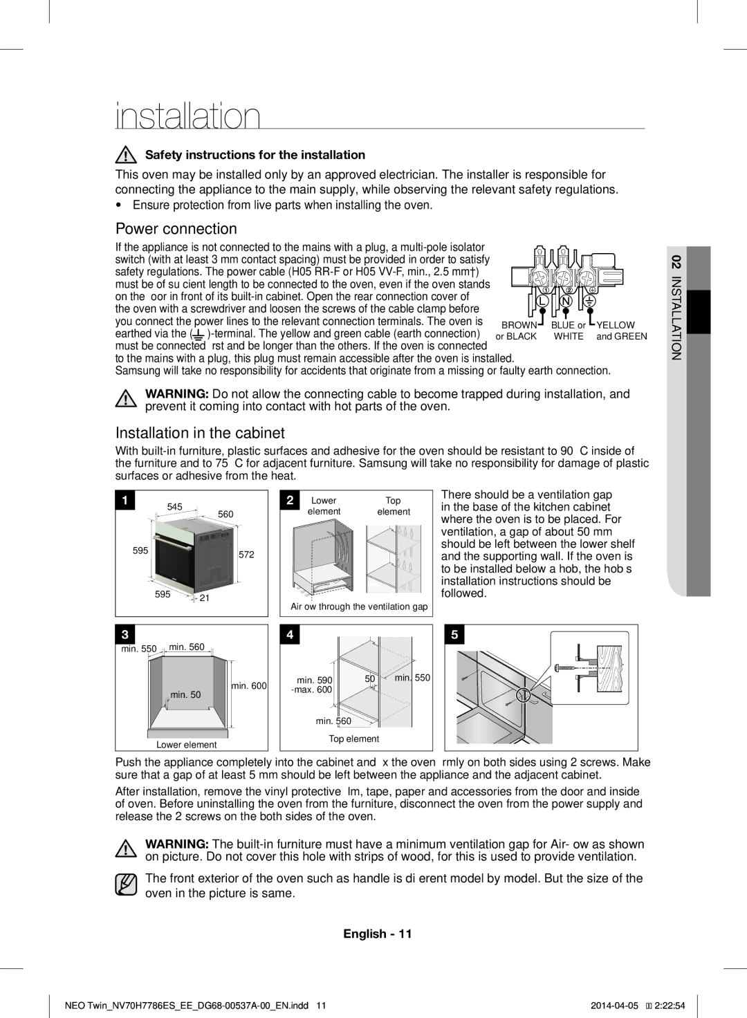 Samsung NV70H7786ES/EE manual Safety instructions for the installation 