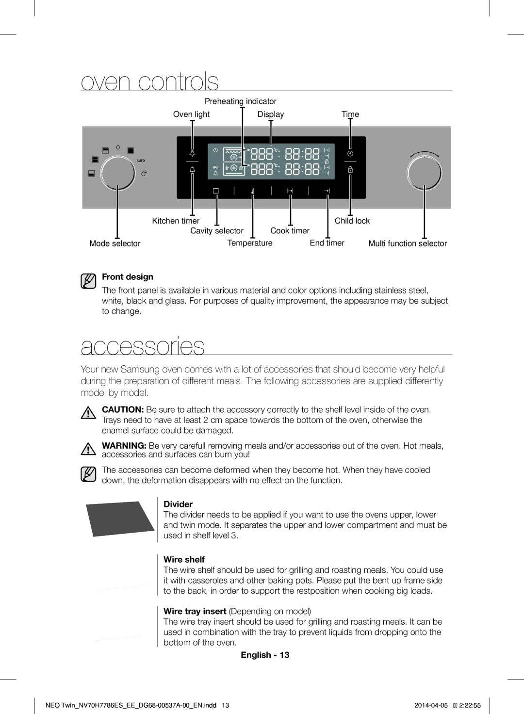 Samsung NV70H7786ES/EE manual Oven controls, Accessories, Front design, Divider, Wire shelf 