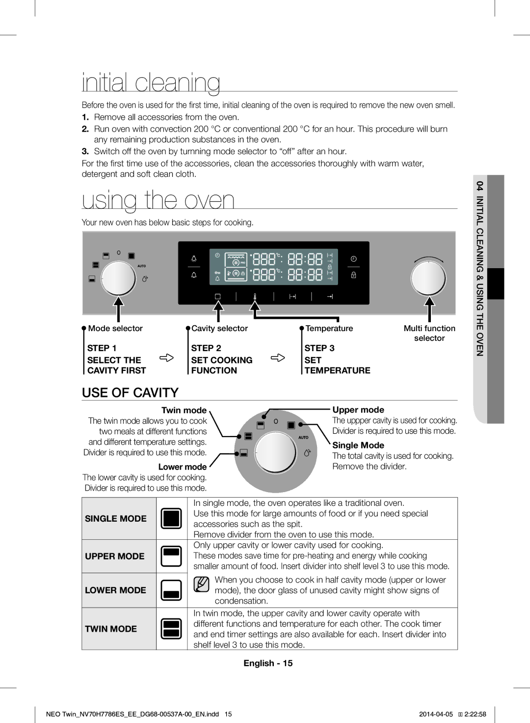 Samsung NV70H7786ES/EE manual Initial cleaning, Using the oven, USE of Cavity 