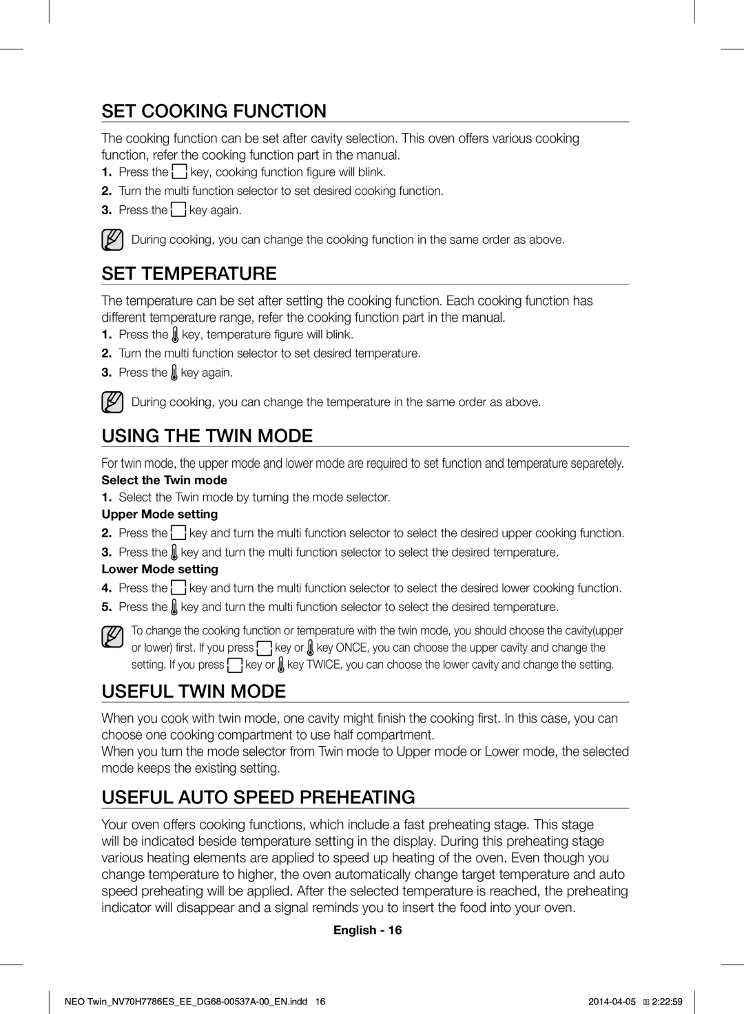 Samsung NV70H7786ES/EE manual SET Cooking Function, SET Temperature, Using the Twin Mode, Useful Twin Mode 