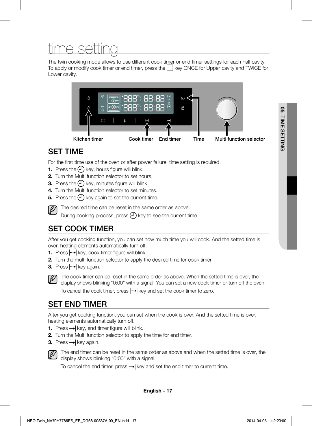 Samsung NV70H7786ES/EE manual Time setting, SET Time, SET Cook Timer, SET END Timer, Time Setting 