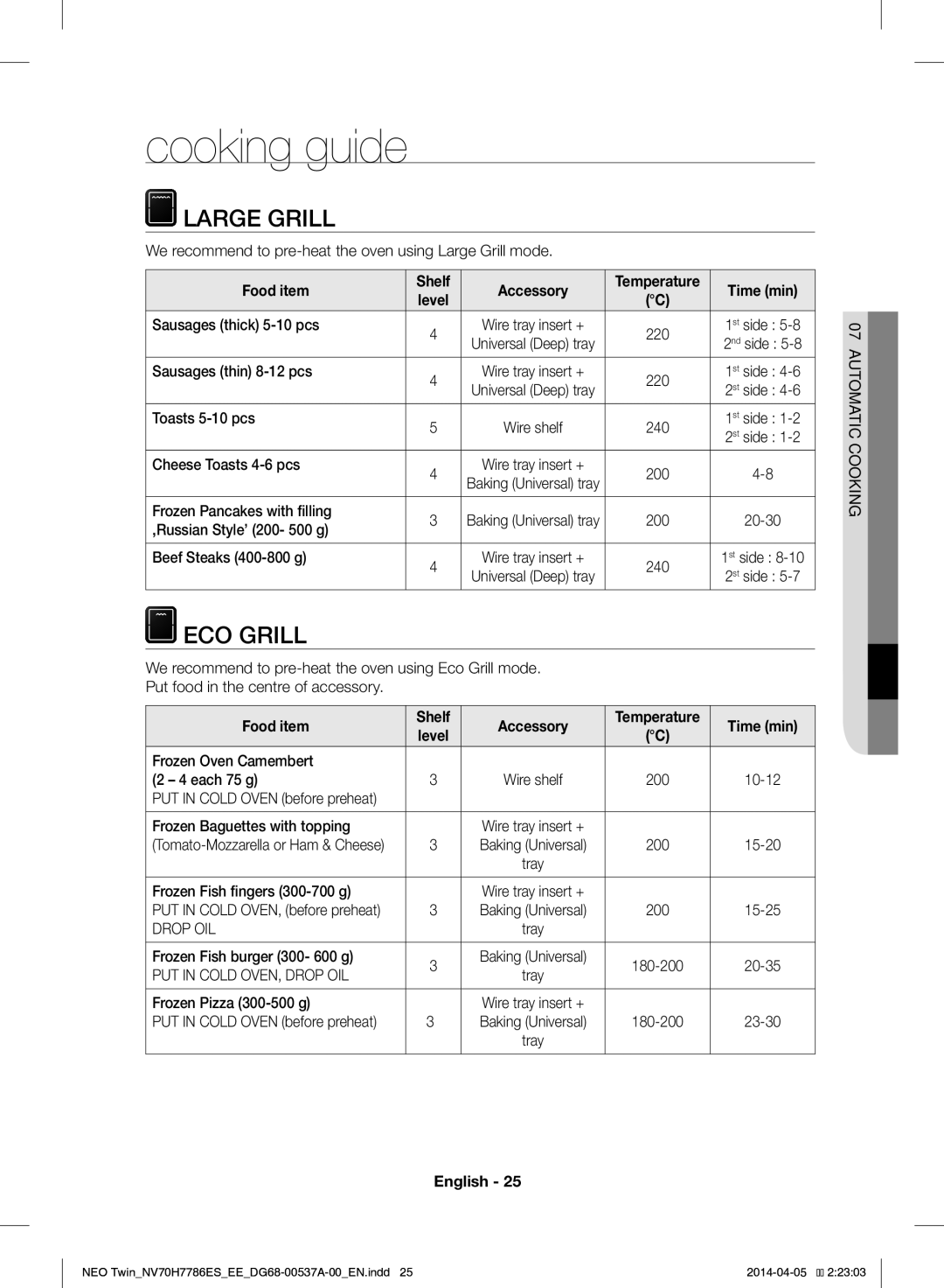 Samsung NV70H7786ES/EE manual Cooking guide, Large Grill, ECO Grill, Food item Shelf Accessory, Time min 