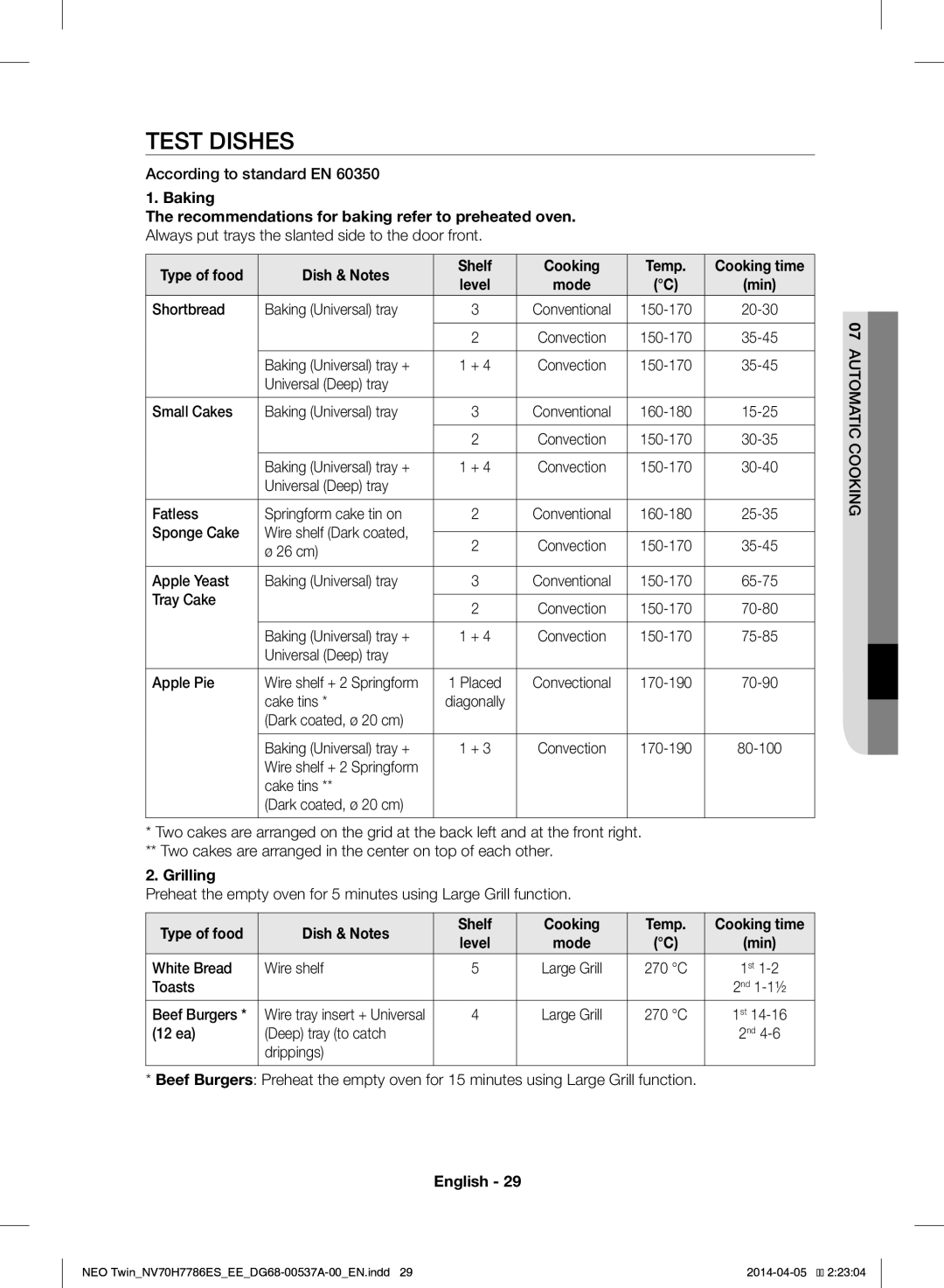 Samsung NV70H7786ES/EE manual Test Dishes, Baking Recommendations for baking refer to preheated oven 