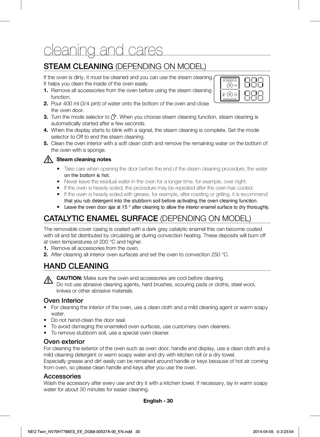 Samsung NV70H7786ES/EE Cleaning and cares, Steam Cleaning Depending on Model, Catalytic Enamel Surface Depending on Model 