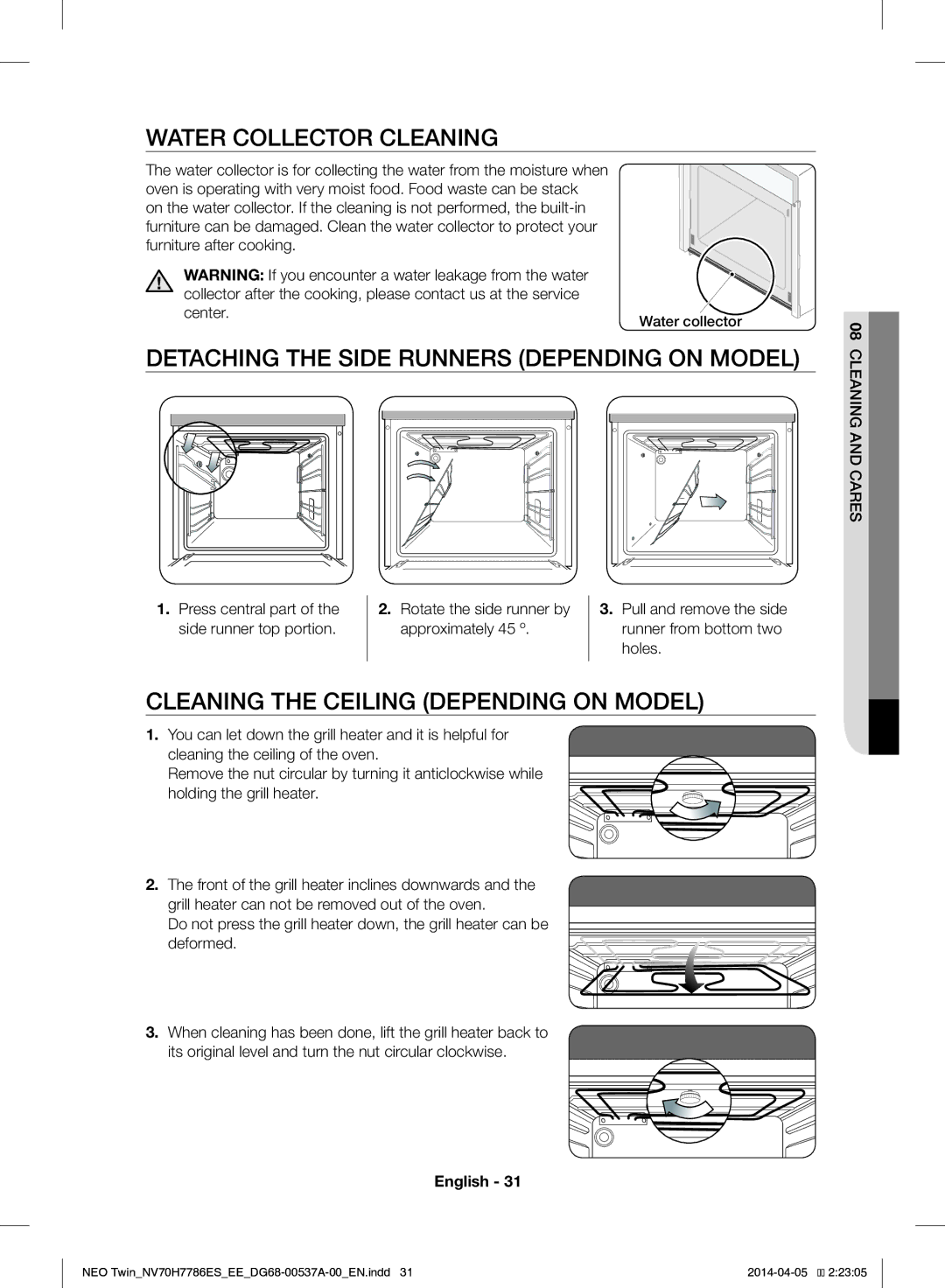 Samsung NV70H7786ES/EE manual Water Collector Cleaning, Detaching the Side Runners Depending on Model, Cleaning and Cares 