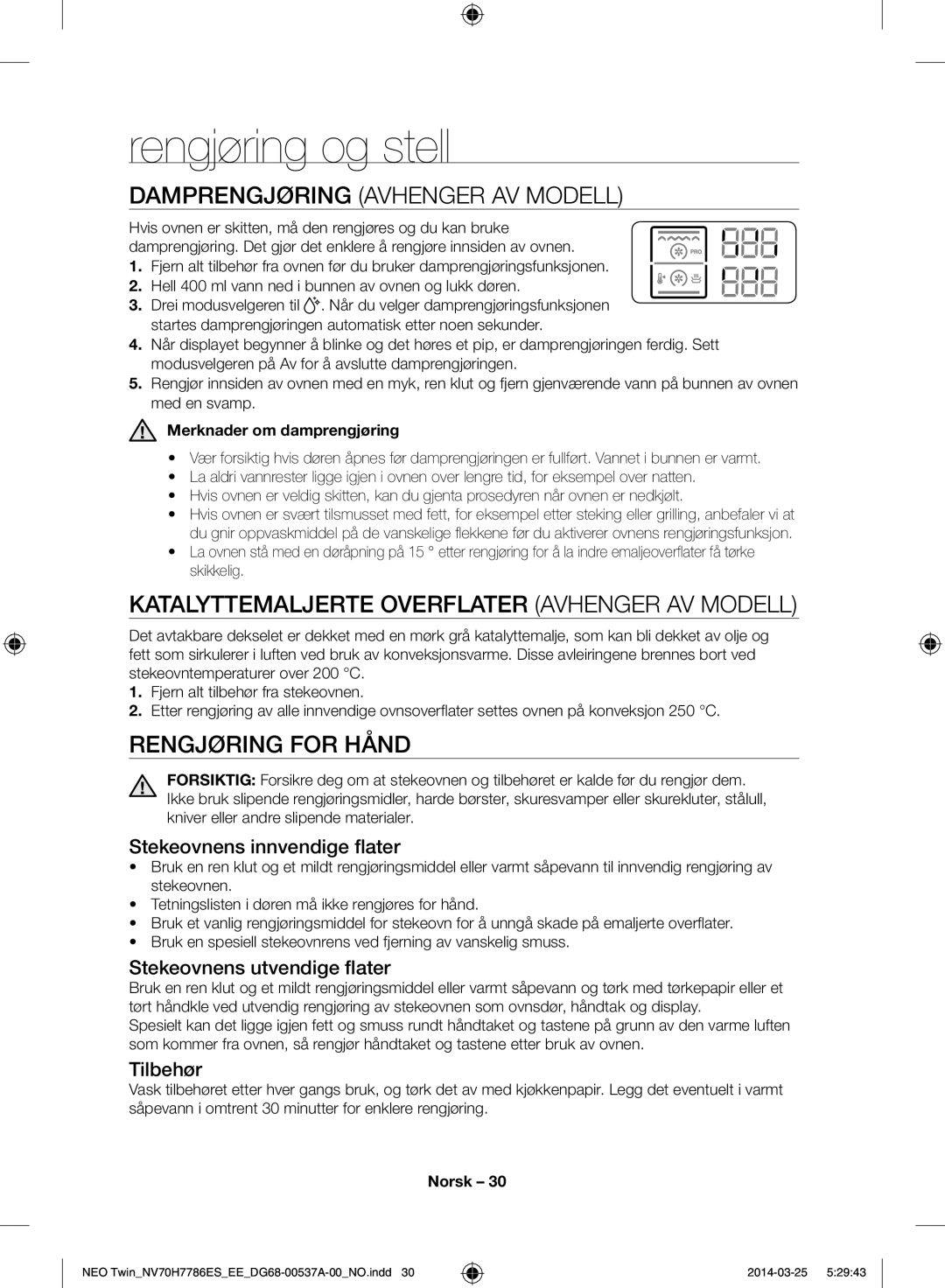 Samsung NV70H7786ES/EE manual Rengjøring og stell, Damprengjøring avhenger av modell, Rengjøring for hånd 