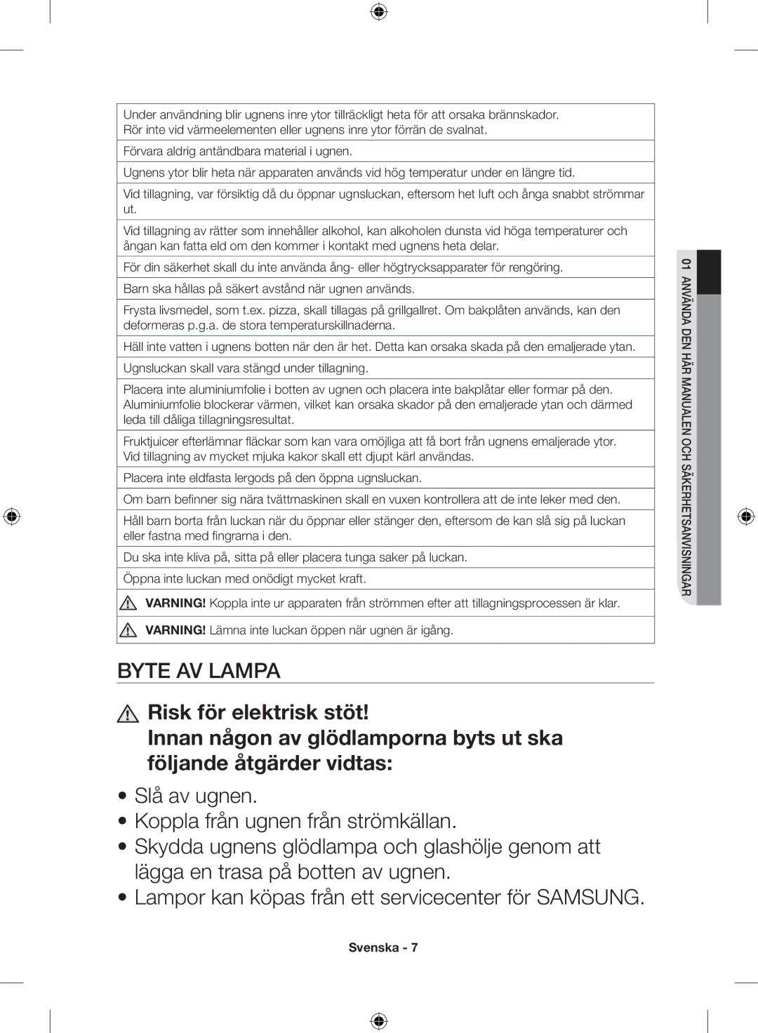 Samsung NV70H7786ES/EE manual Byte av lampa 