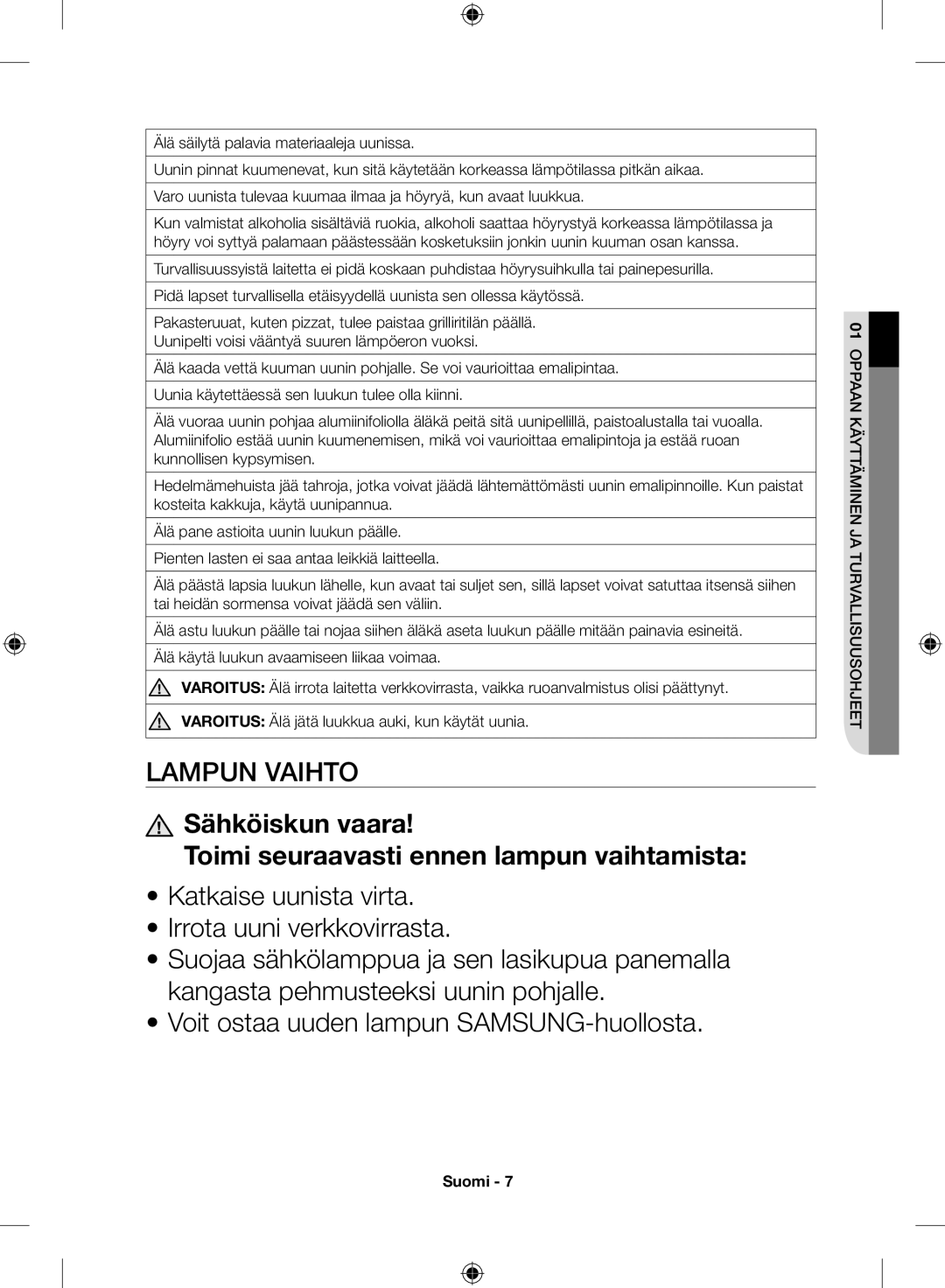 Samsung NV70H7786ES/EE manual Sähköiskun vaara Toimi seuraavasti ennen lampun vaihtamista 