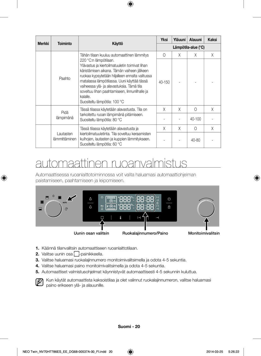 Samsung NV70H7786ES/EE manual Automaattinen ruoanvalmistus, Cn lämpötilaan, Kalalle Suositeltu lämpötila 100 C 