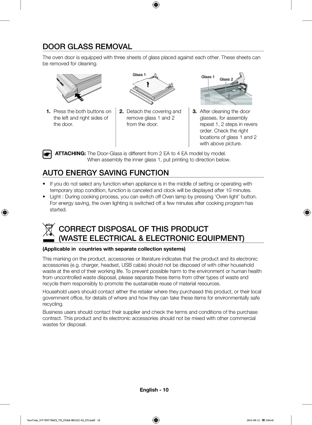 Samsung NV70H7786ES/TR Door Glass Removal, Auto Energy Saving Function, Light During cooking process, you can switch off 