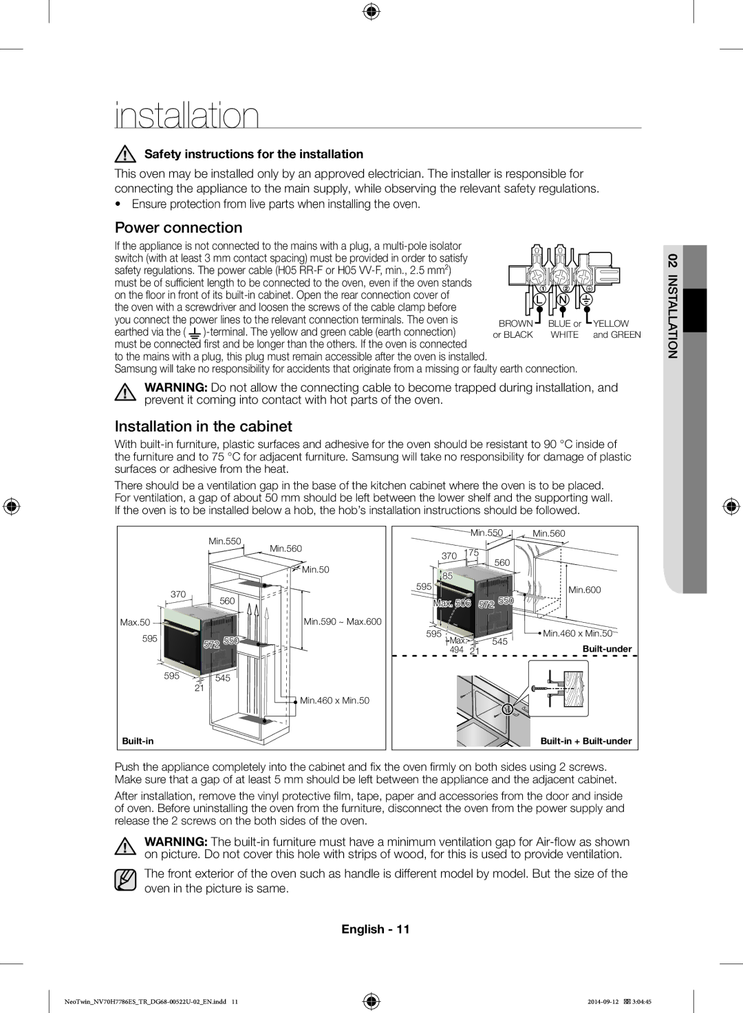 Samsung NV70H7786ES/TR manual Installation, Safety instructions for the installation 