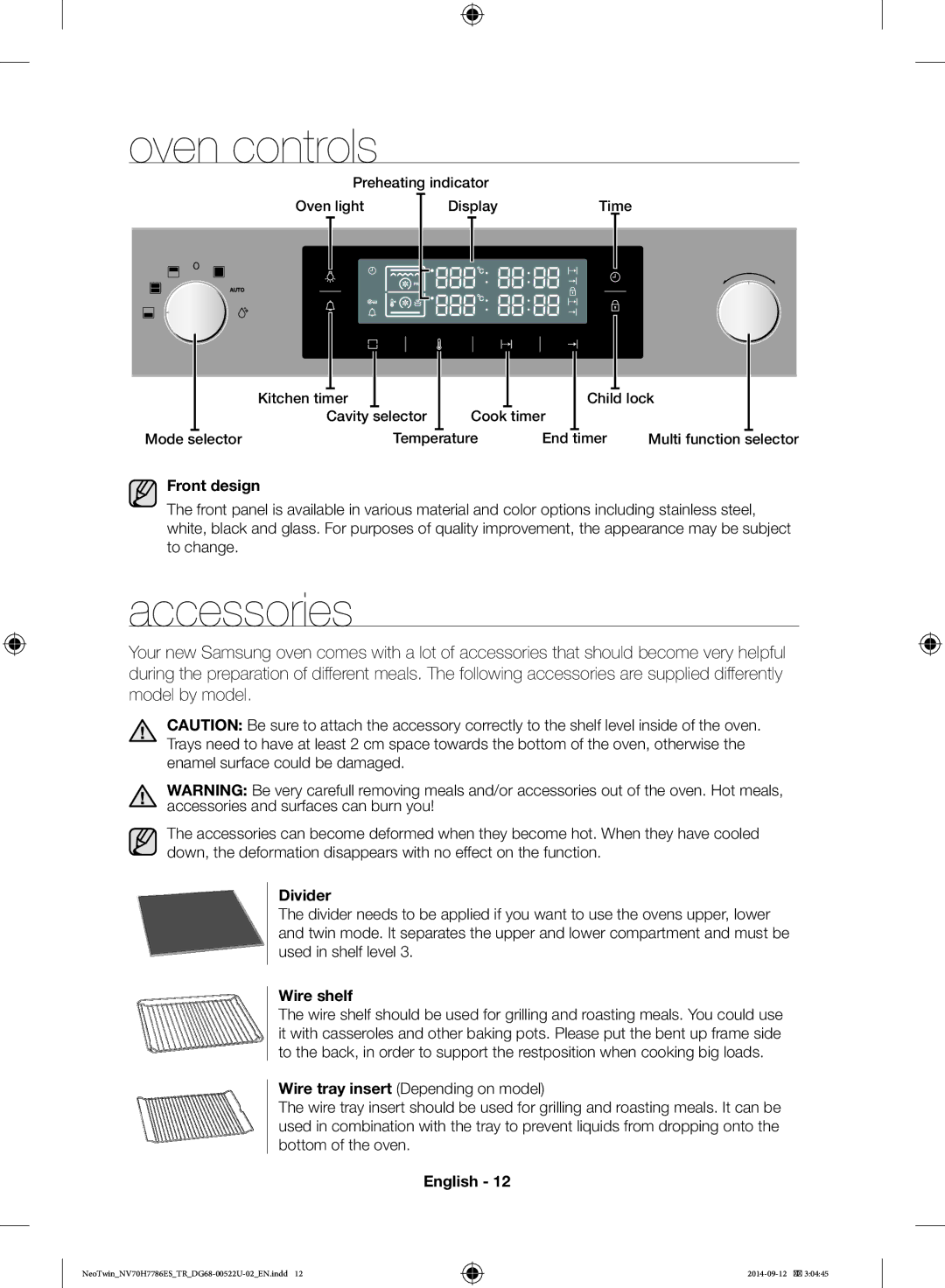 Samsung NV70H7786ES/TR manual Oven controls, Accessories, Front design, Divider, Wire shelf 