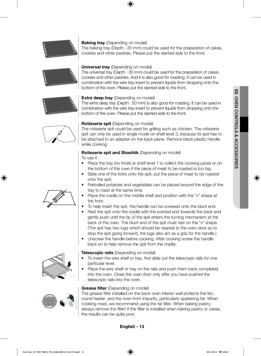 Samsung NV70H7786ES/TR manual Baking tray Depending on model, Universal tray Depending on model 