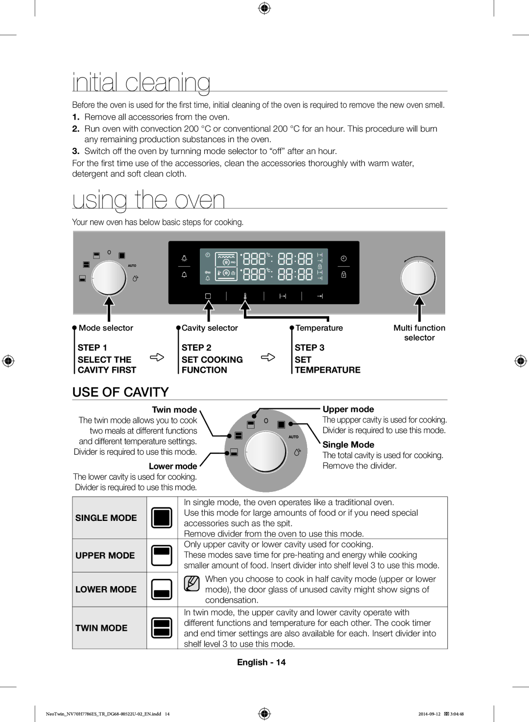 Samsung NV70H7786ES/TR manual Initial cleaning, Using the oven, USE of Cavity 